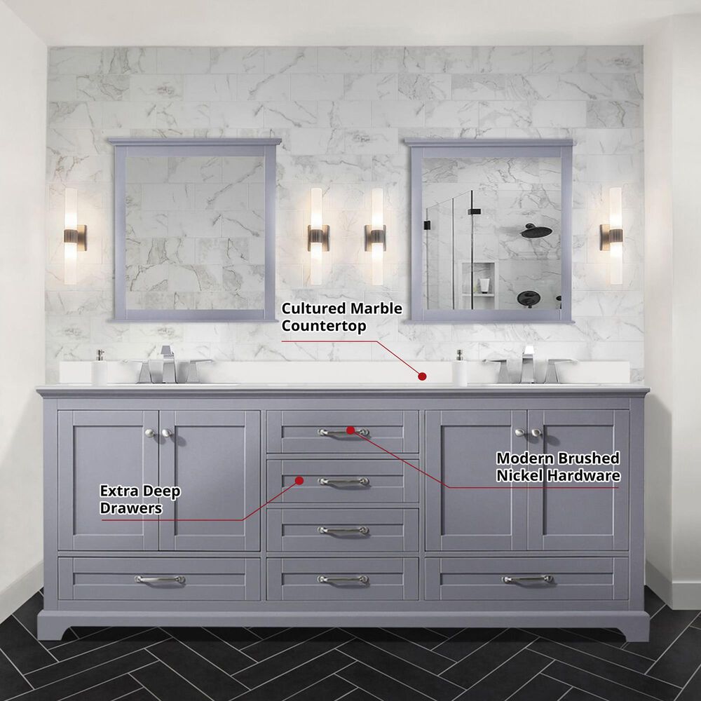 Lexora Home Dukes 80&quot; Double Bathroom Vanity in Dark Grey with 2 cm White Cultured Marble Top and Rectangular Sinks, , large