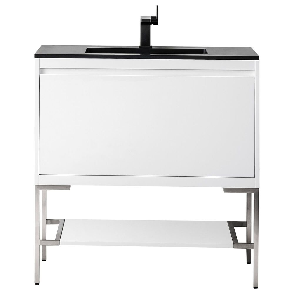 James Martin Vanities Mantova 35.4" Single Bathroom Vanity in Glossy White and Brushed Nickel with 2 cm Charcoal Black Resin Countertop and Rectangular Sink, , large