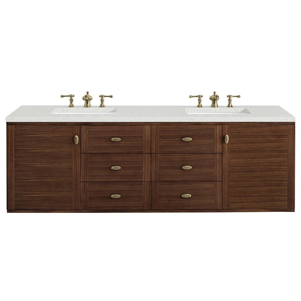 James Martin Vanities Amberly 72&quot; Double Bathroom Vanity in Mid-Century Walnut with Single Hole 3 cm White Zeus Quartz Top and Rectangular Sinks, , large