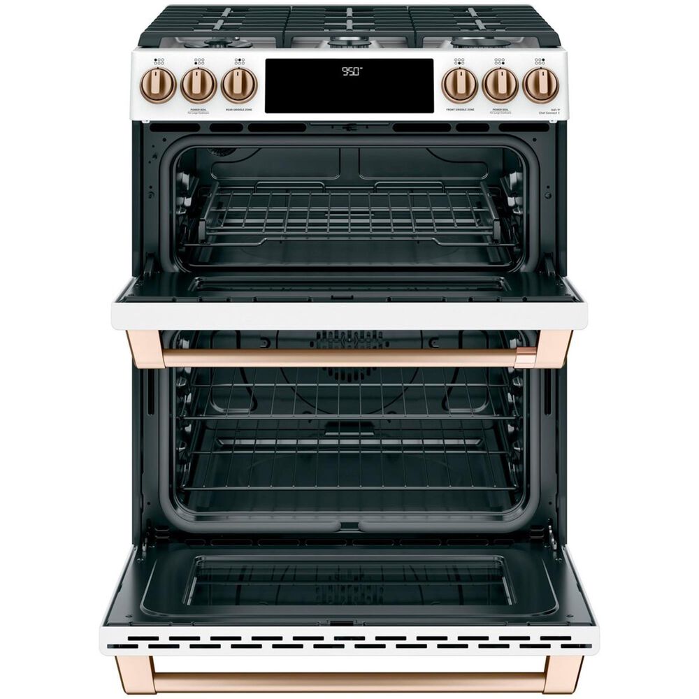 Cafe 30&quot; Slide-IN Front Control Dual-Fuel Double Oven with Convection Range in Matte White with Brushed Bronze Handle, , large