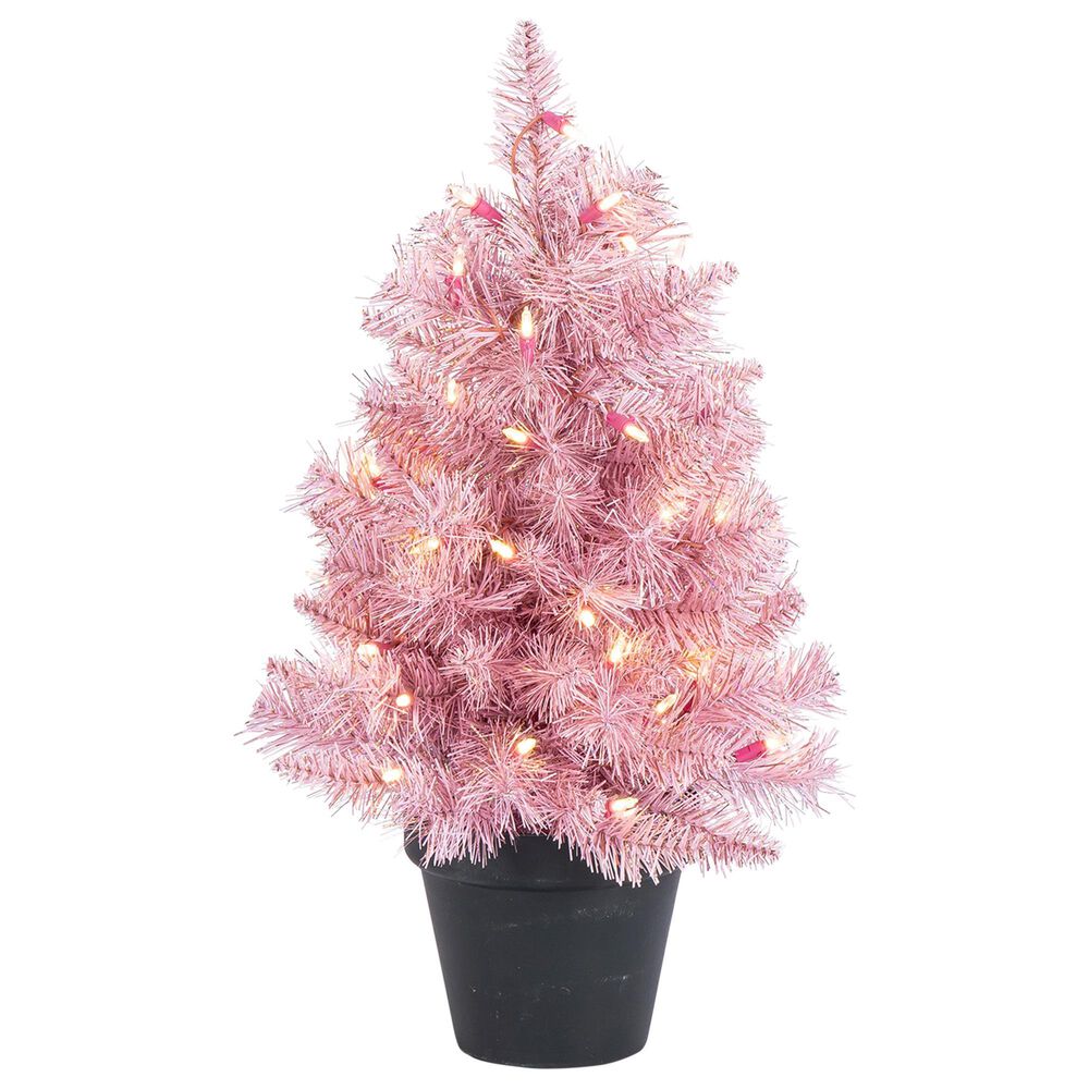 The Gerson Company 2" Potted Artificial Christmas Tree with Warm White LED Lights in Pink, , large