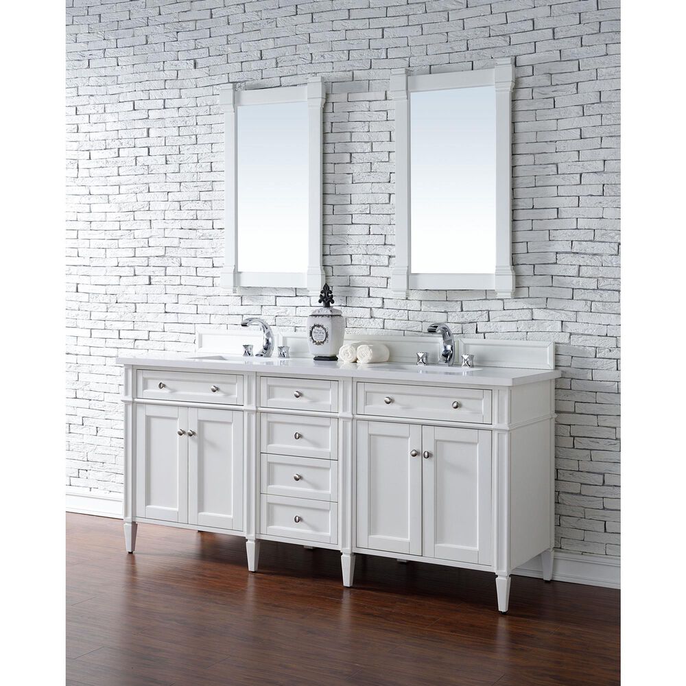 James Martin Vanities Brittany 72&quot; Double Bathroom Vanity in Bright White with 3 cm White Zeus Quartz Top and Rectangular Sinks, , large