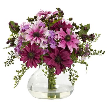 Nearly Natural Inc Mixed Daisy Floral Arrangement with Vase in Pink and Green, , large
