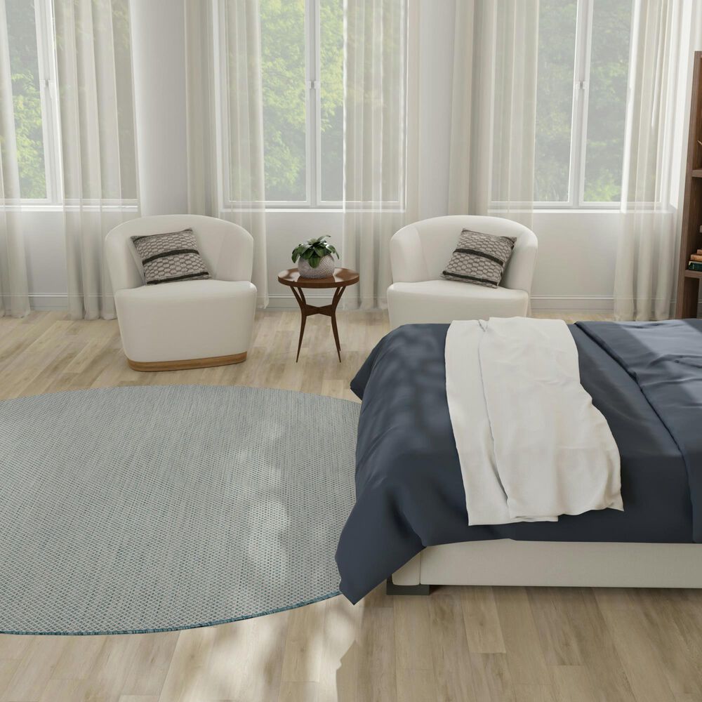 Nourison Courtyard Ivory and Aqua 8&#39; Round Indoor/Outdoor Area Rug, , large