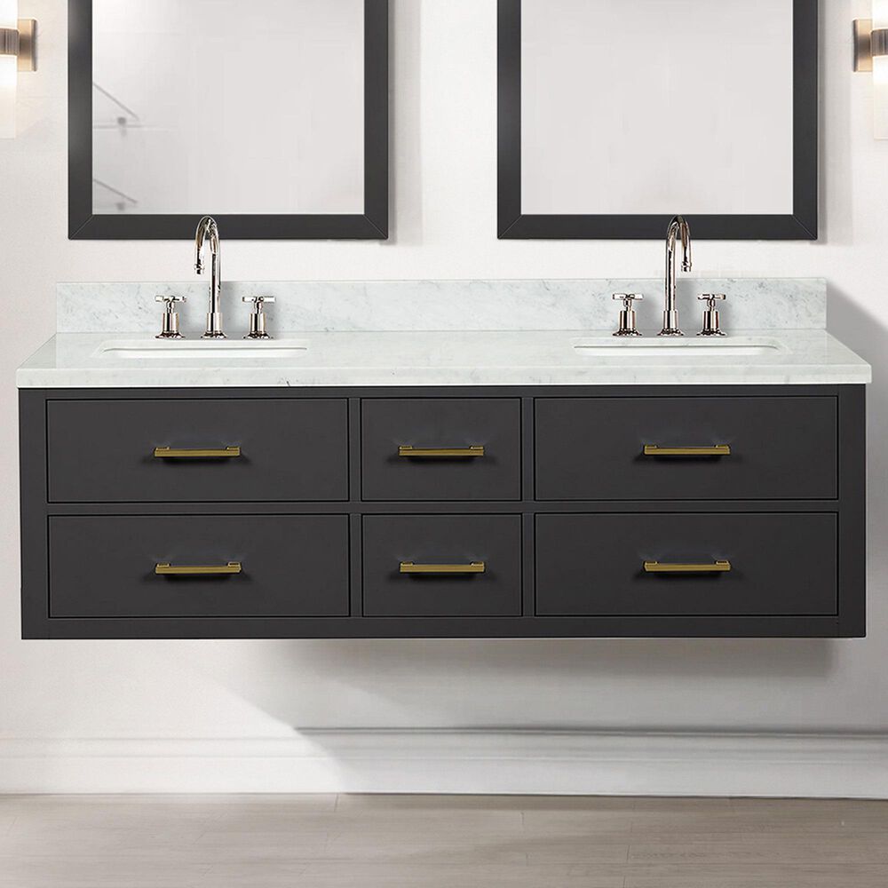Lexora Home Castor 60&quot; Double Bathroom Vanity in Black with 2 cm White Carrara Marble Top and Rectangular Sinks, , large
