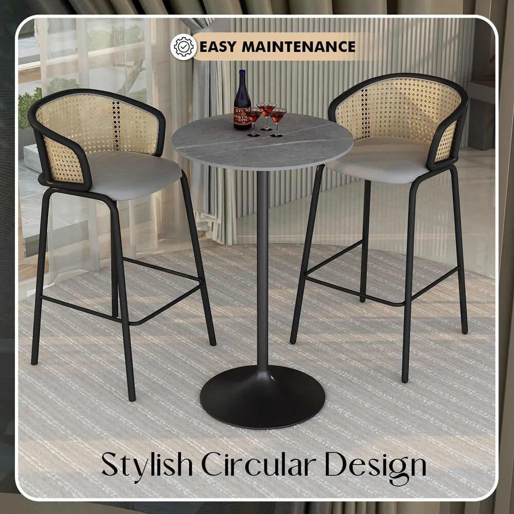 Leisuremod LeisureMod Verve Collection Modern Bar Height Table Black Base with 27 Round Marble Grey Sintered Stone Top, , large