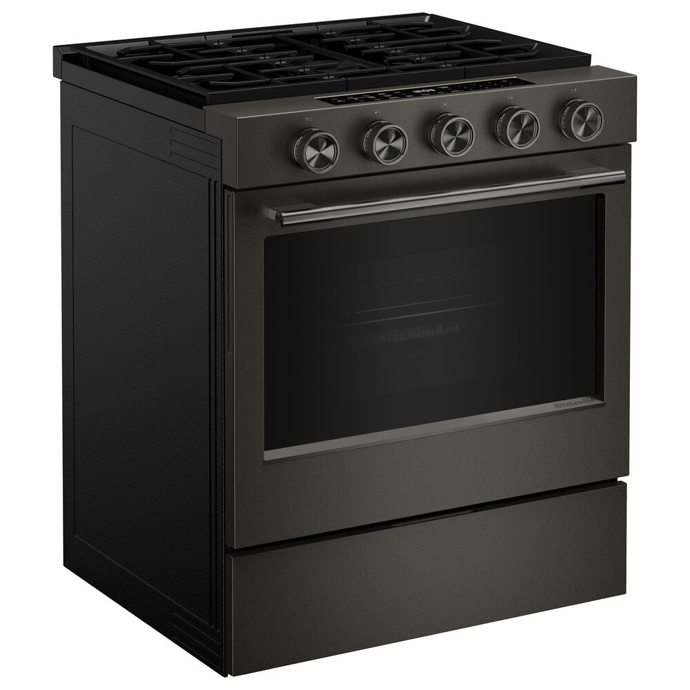 KitchenAid 2-Piece Kitchen Package with 30" Slide-In Smart Gas Range and 30" Over-the-Range Microwave Oven in Black Ore, , large