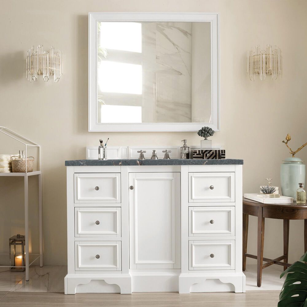 James Martin Vanities De Soto 48" Single Bathroom Vanity in Bright White with 3 cm Parisien Bleu Quartz Top and Rectangular Sink, , large