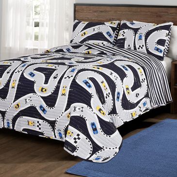 Triangle Home Fashions Car Tracks 3-Piece Full/Queen Quilt Set in Navy, , large
