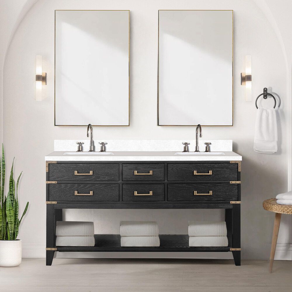 Lexora Home Norwalk 60&quot; Double Bathroom Vanity in Black Oak with White Quartz Top and Rectangular Sinks, , large