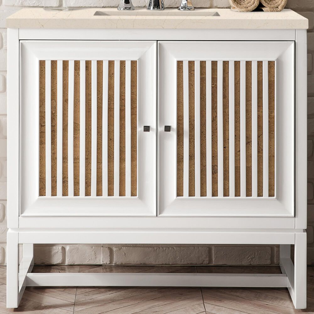 James Martin Vanities Athens 36&quot; Single Bathroom Vanity in Glossy White with 3 cm Carrara White Marble Top and Rectangular Sink, , large