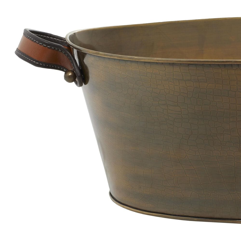 Maple and Jade Long Decorative Ice Bucket with Brown and Dark Brown Leather Strap Handles in Polished Bronze, , large