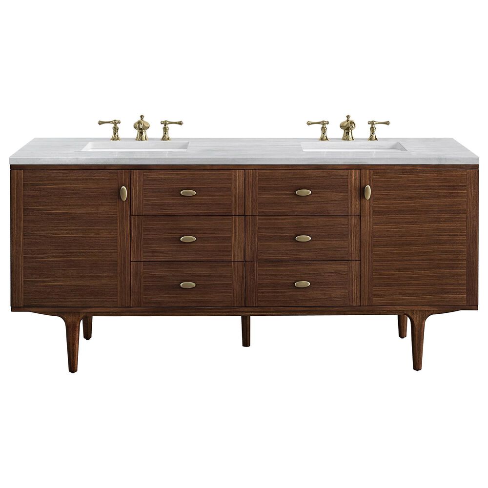 James Martin Vanities Amberly 72" Double Bathroom Vanity in Walnut with 3 cm Arctic Fall Solid Surface Top and Rectangular Sinks, , large