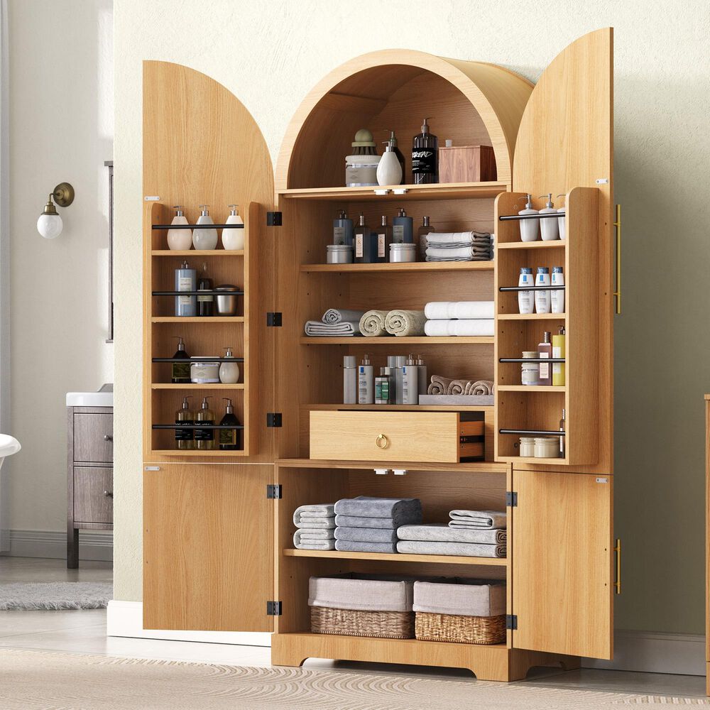 HOMLUX 72" Tall Arched Kitchen Pantry Cabinet in Natural, , large