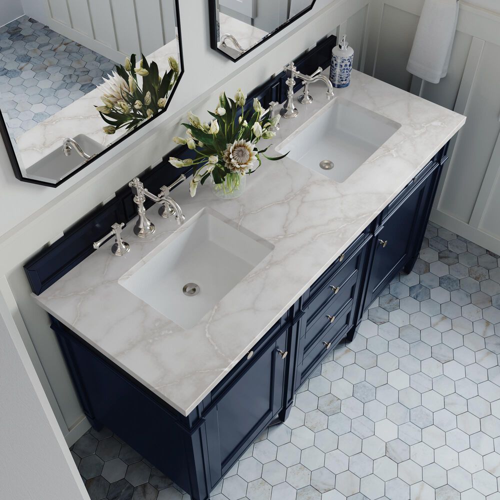 James Martin Brittany 60&quot; Double Bathroom Vanity in Victory Blue with Single Hole 3 cm White Zeus Quartz Top and Rectangular Sinks, , large