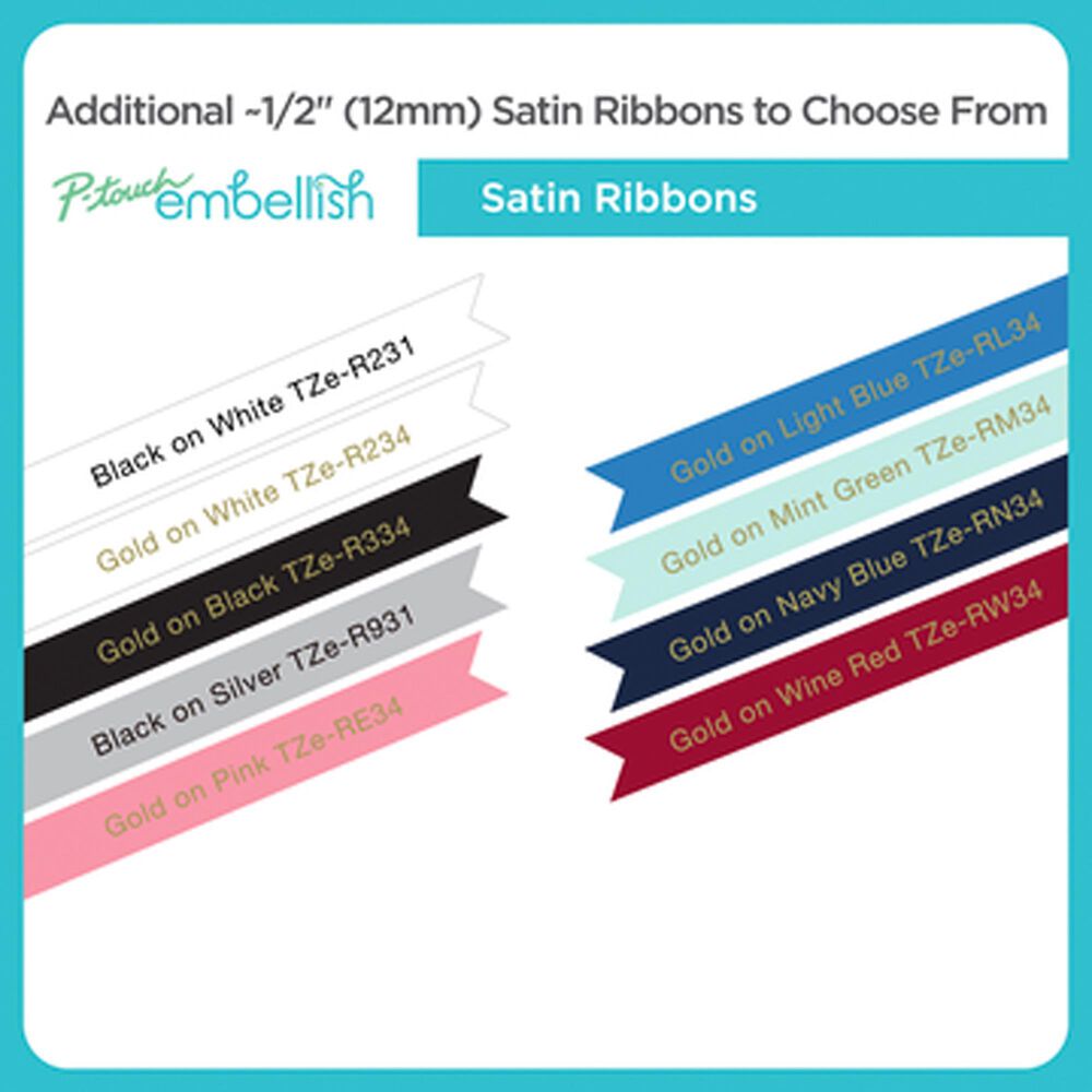 Brother P-touch Embellish Black Print on White Satin Ribbon 12mm, , large