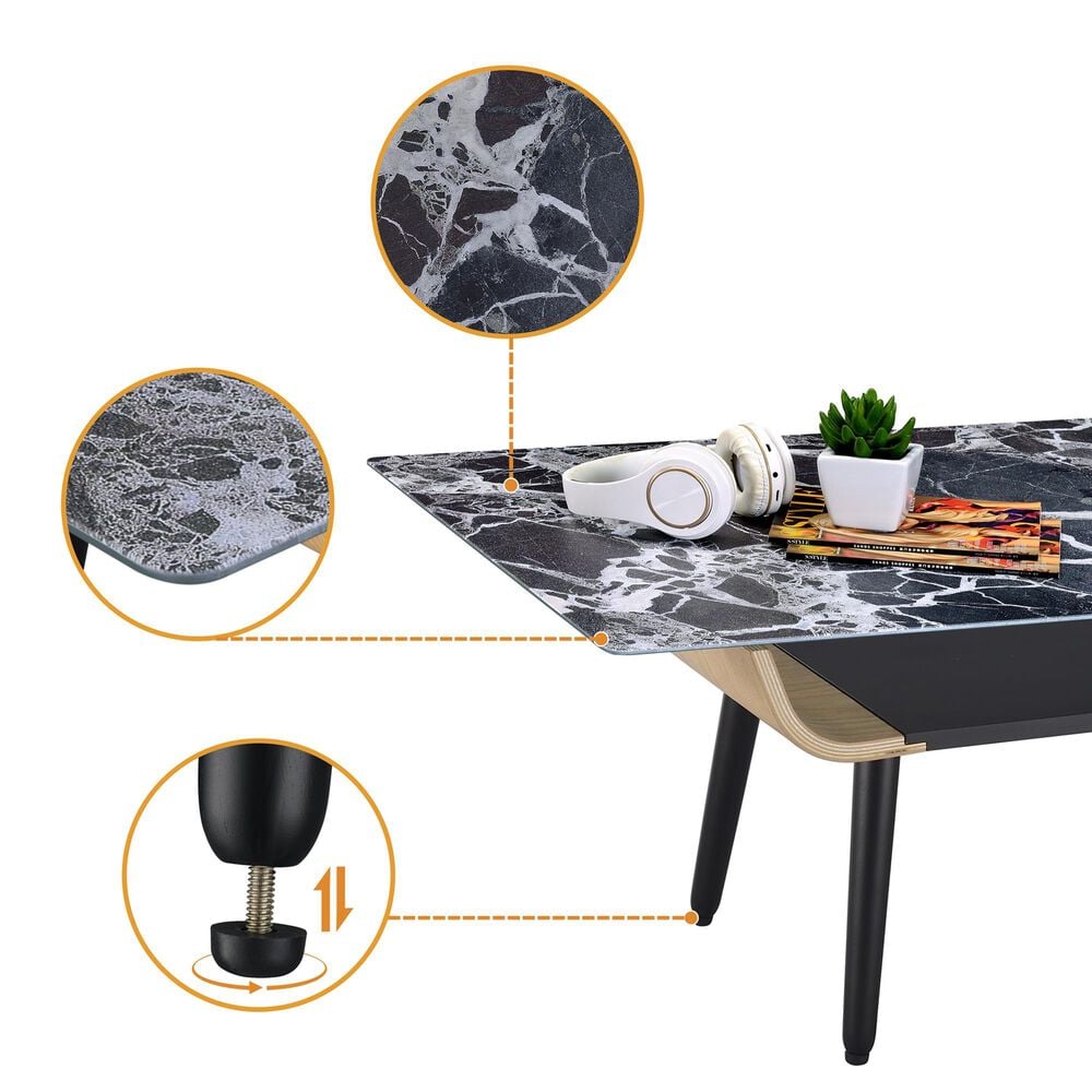 HOMLUX 47" Coffee Table with Marble Glass Top in Black, , large