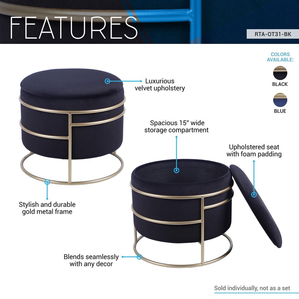 Rta Products Elegant Storage Ottoman with Gold Frame in Black, , large