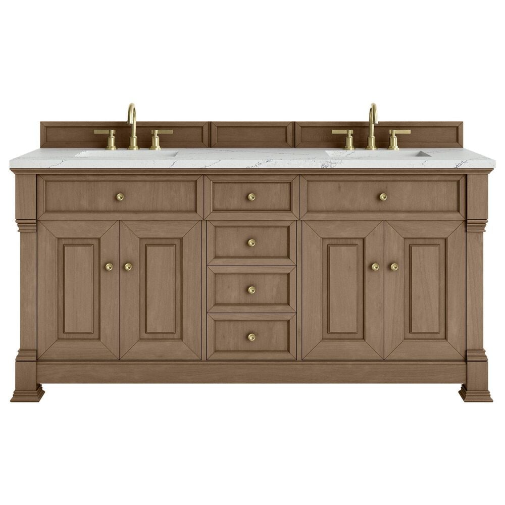 James Martin Vanities Brookfield 72&quot; Double Bathroom Vanity in Pecan with 3cm Ethereal Noctis Quartz Top and Rectangular Sinks, , large