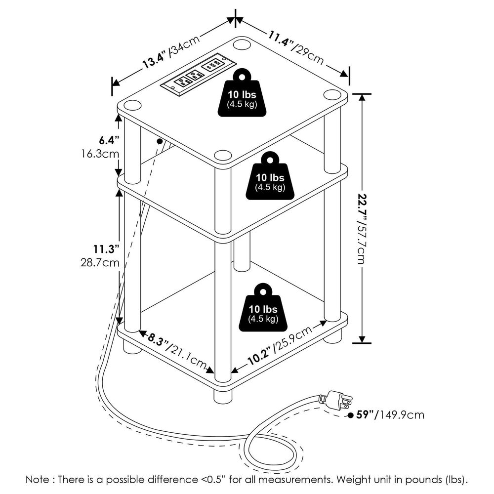 HOMLUX 3-Tier Just Turn-N-Tube End Table with 2 USB ports in Flagstaff Oak and Black, , large