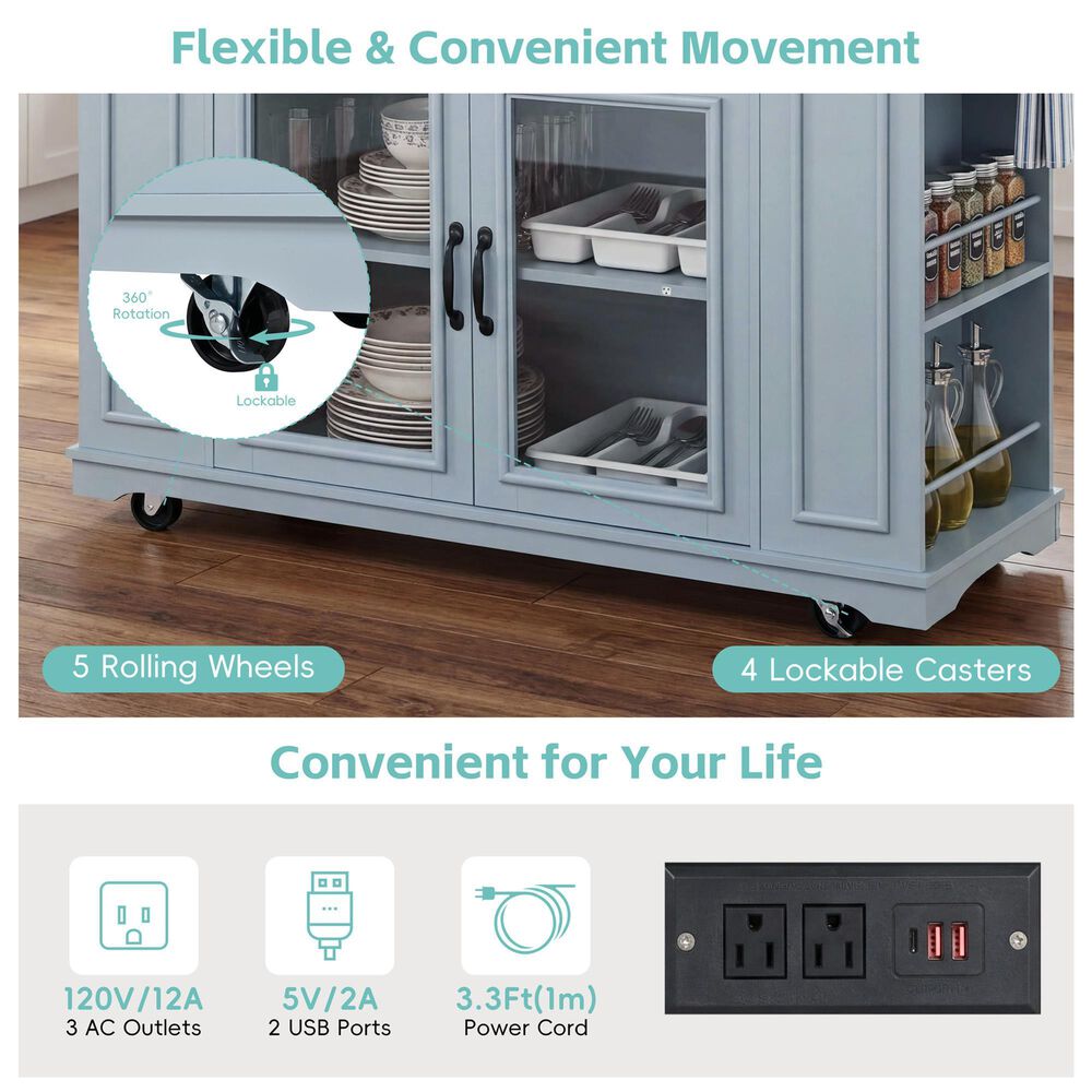 HOMLUX 54" Mobile Kitchen Island with Glass Door Storage in Grey and Blue, , large
