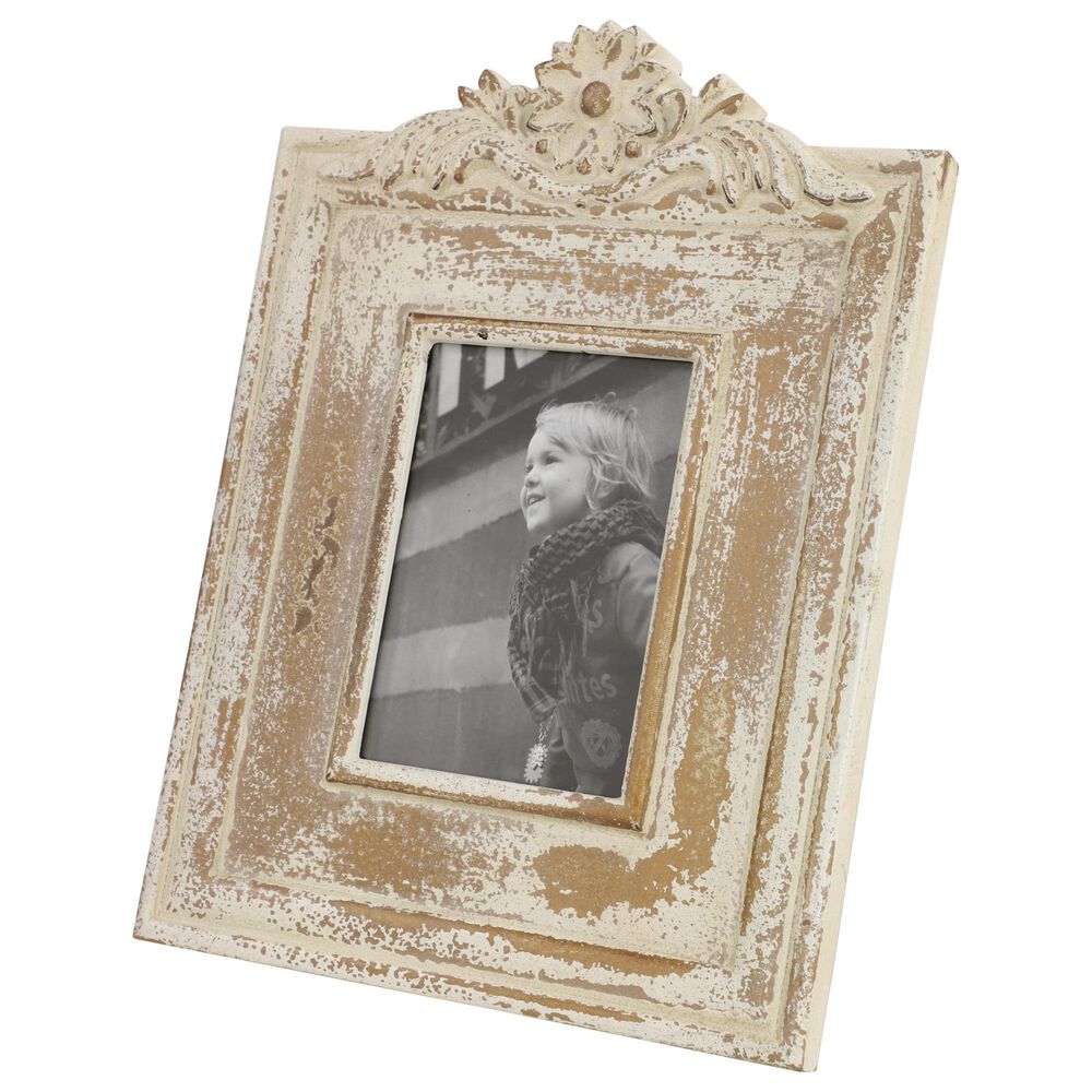 Maple and Jade Vintage Hand-Carved Flower Photo Frame in Whitewashed and Natural Brown, , large