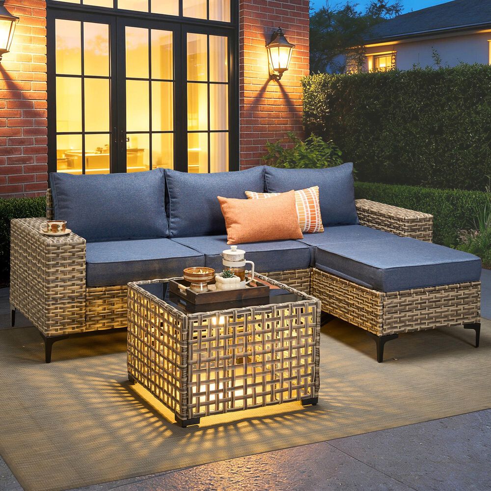 HOMLUX 5-Piece Modular Rattan Outdoor Patio Furniture Set in Denim Blue, , large