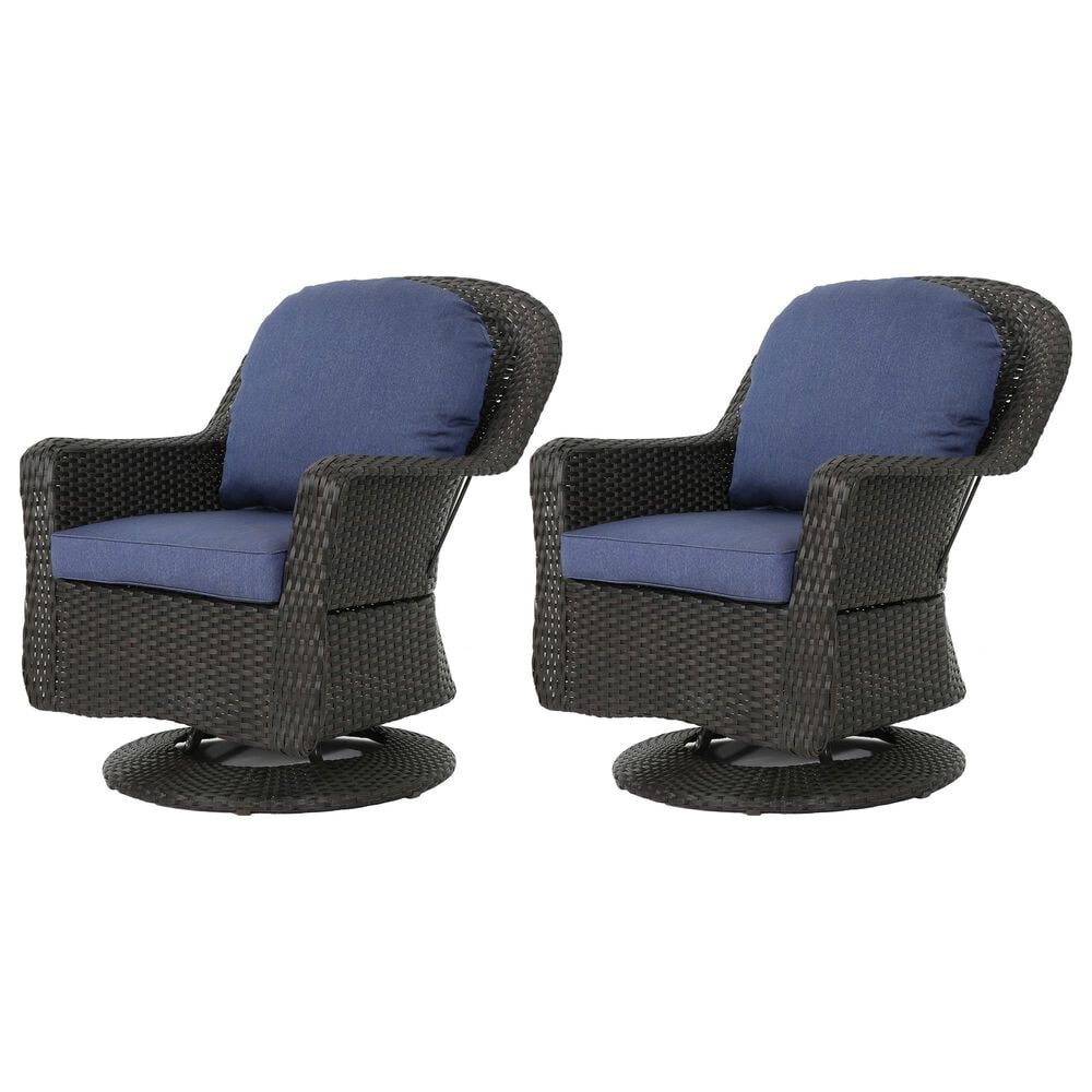Hearth and Haven Liam Swivel Club Chair with Blue Cushion in Dark Brown &#40;Set of 2&#41;, , large