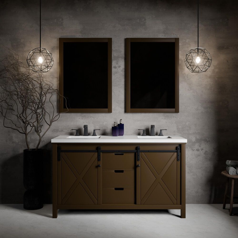Lexora Home Marsyas 60" Double Bathroom Vanity in Brown with 2 cm White Cultured Marble Top and Rectangular Sinks, , large