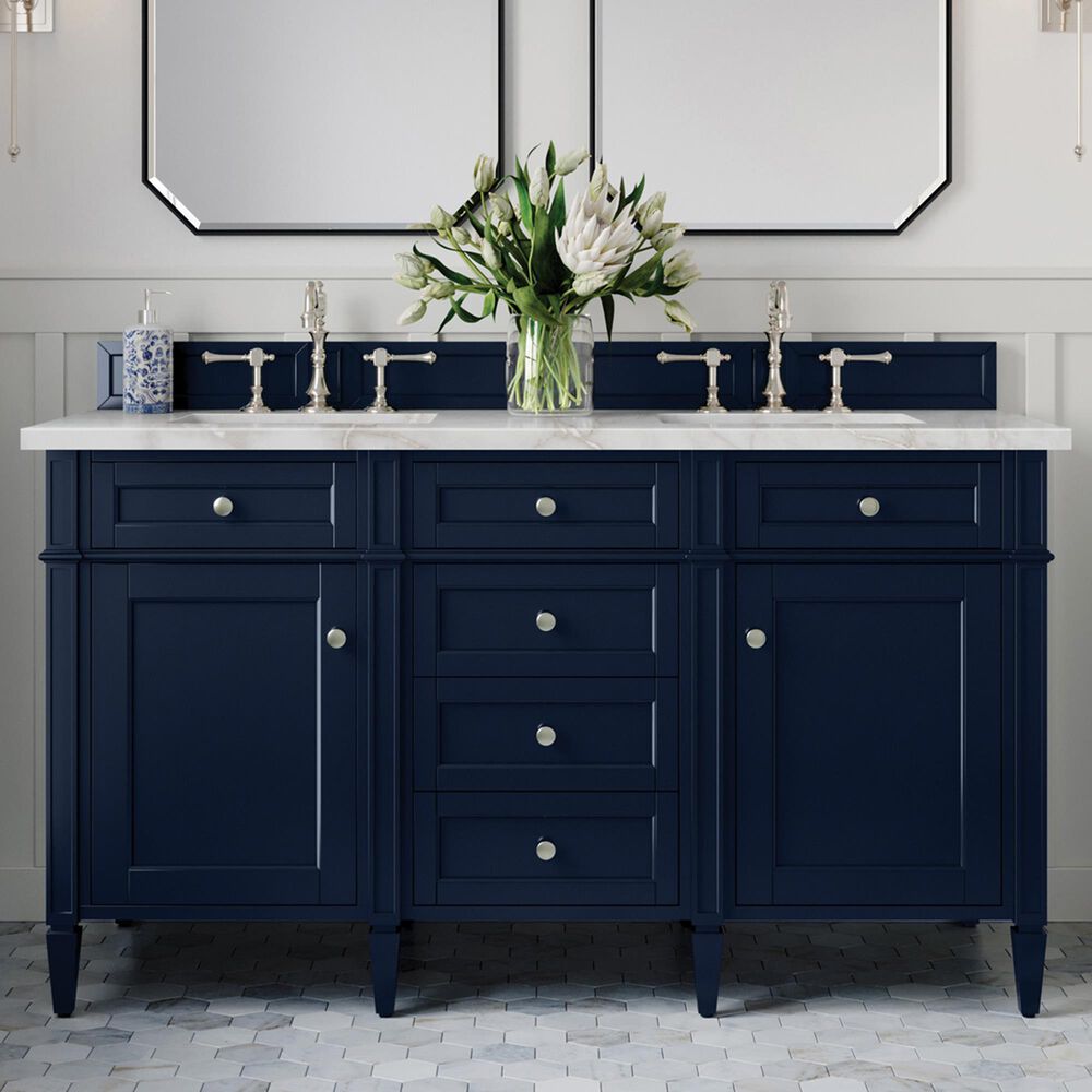 James Martin Brittany 60&quot; Double Bathroom Vanity in Victory Blue with Single Hole 3 cm White Zeus Quartz Top and Rectangular Sinks, , large