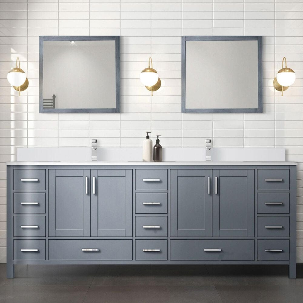 Lexora Home Jacques 84&quot; Double Bathroom Vanity in Dark Grey with 2 cm White Cultured Marble Top and Rectangular Sinks, , large