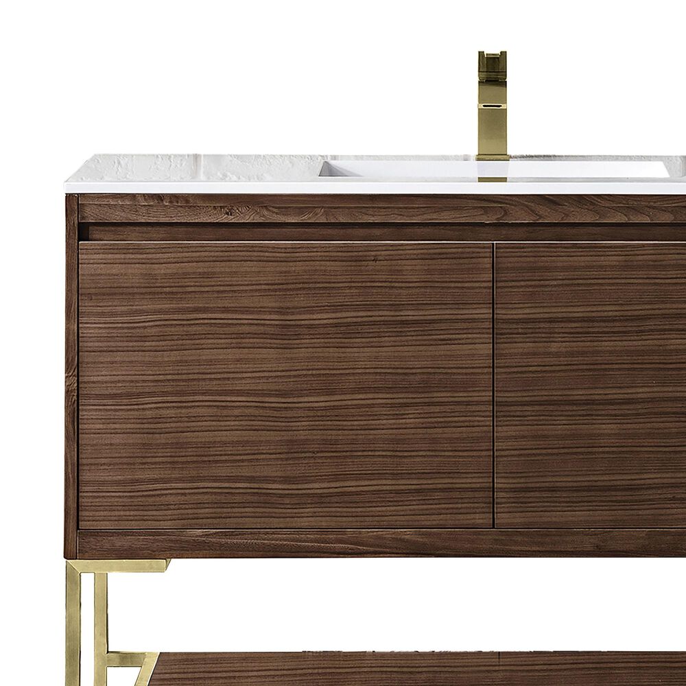 James Martin Vanities Mantova 47.3&quot; Single Vanity in Mid-Century Walnut and Champagne Brass with 3 cm Glossy White Composite Stone Top and Rectangular Sink, , large