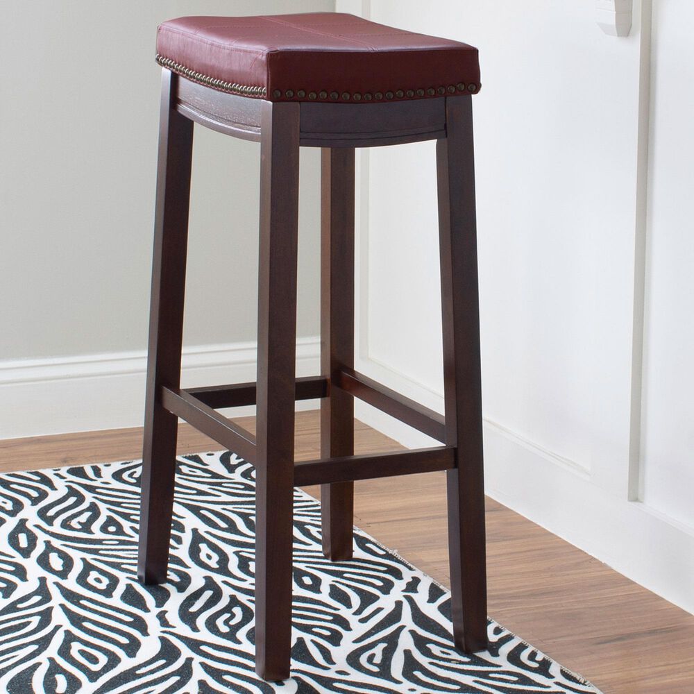 Linon Home Decor Claridge Bar Stool with Red Cushion in Rich Brown, , large