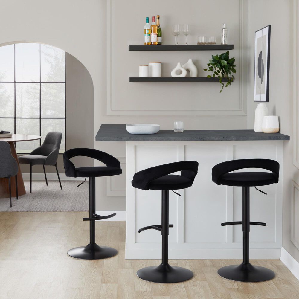 LumiSource Grotto Adjustable Barstool with Black Velvet Upholstery in Black (Set of 2), , large