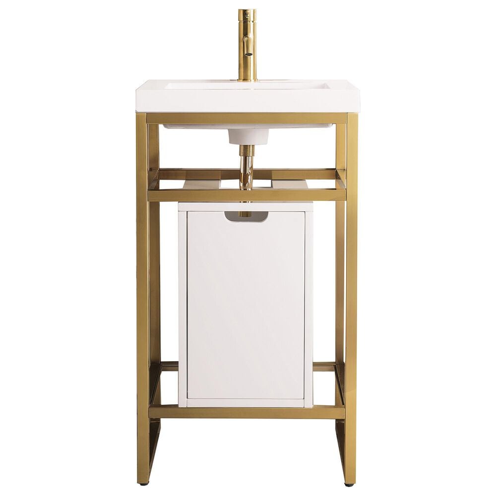 James Martin Vanities Boston 20" Single White Door Bathroom Vanity in Radiant Gold with 3 cm White Glossy Resin Countertop and Rectangular Sink, , large