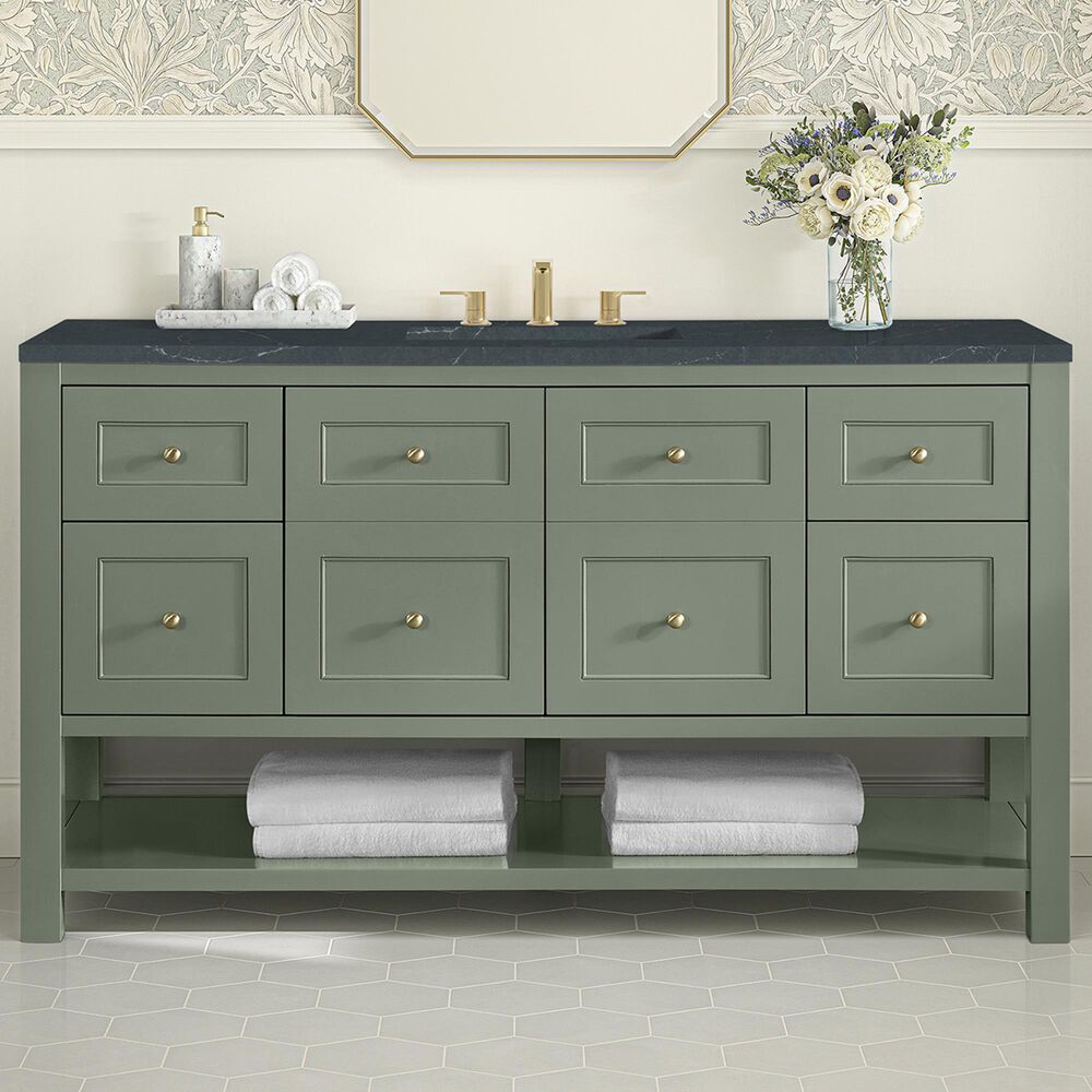 James Martin Vanities Breckenridge 60&quot; Single Bathroom Vanity in Smokey Celadon with 3 cm Charcoal Soapstone Quartz Top and Rectangular Sink, , large
