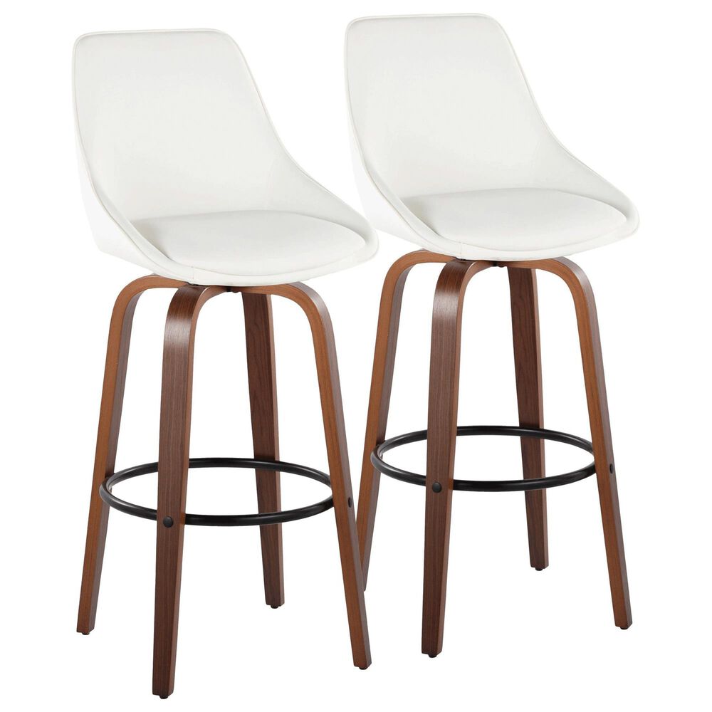LumiSource Diana 30" Swivel Barstool with White Faux Leather Upholstery in Walnut and Black (Set of 2), , large