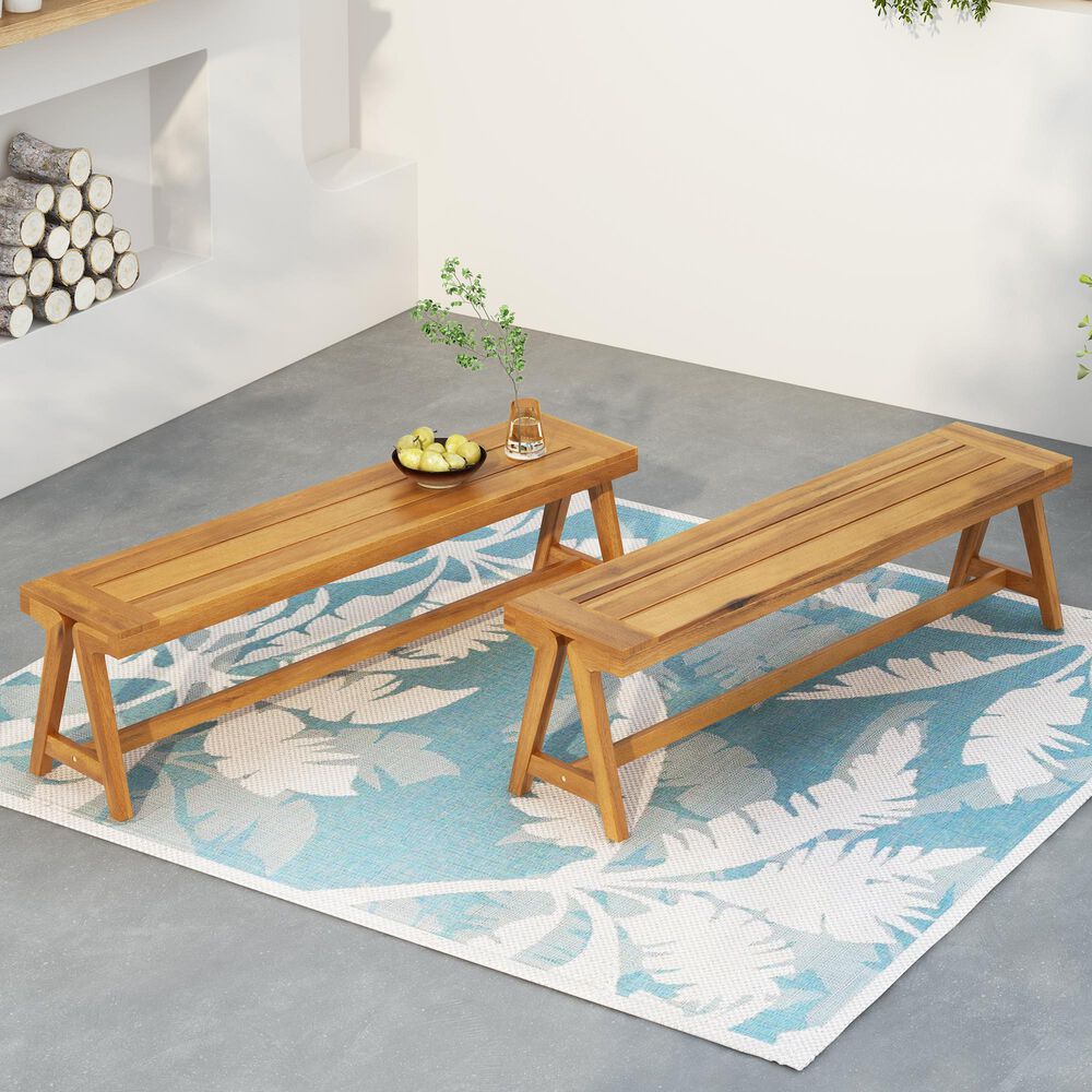 Hearth and Haven Outdoor Dining Bench in Light Teak (Set of 2), , large
