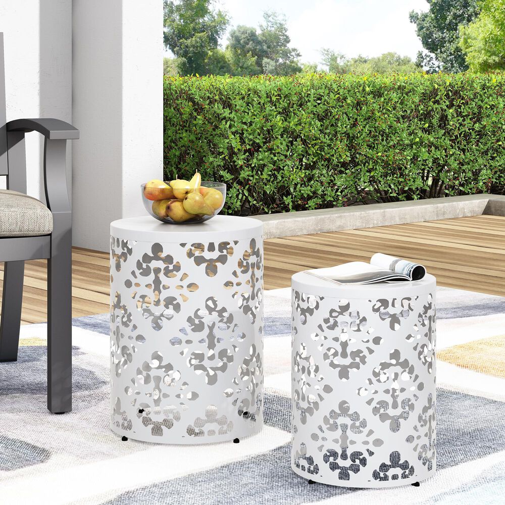Hearth and Haven Outdoor End Table with Floral Pattern in White (Set of 2), , large