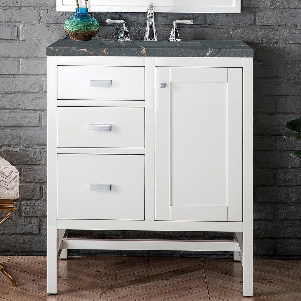 James Martin Vanities Addison 30" Single Bathroom Vanity in Glossy White with 3 cm Parisien Bleu Quartz Top and Rectangular Sink, , large