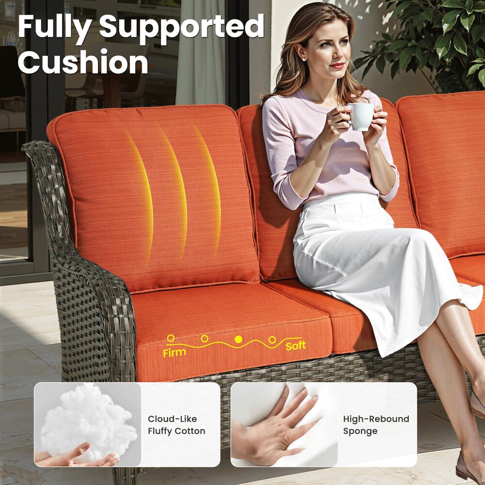 HOMLUX 7-Piece Patio Set with 42 Inch Fire Pit Table, Outdoor Wicker Sofa and Swivel Rocking Chairs, Brown Rattan in Orange Red, , large