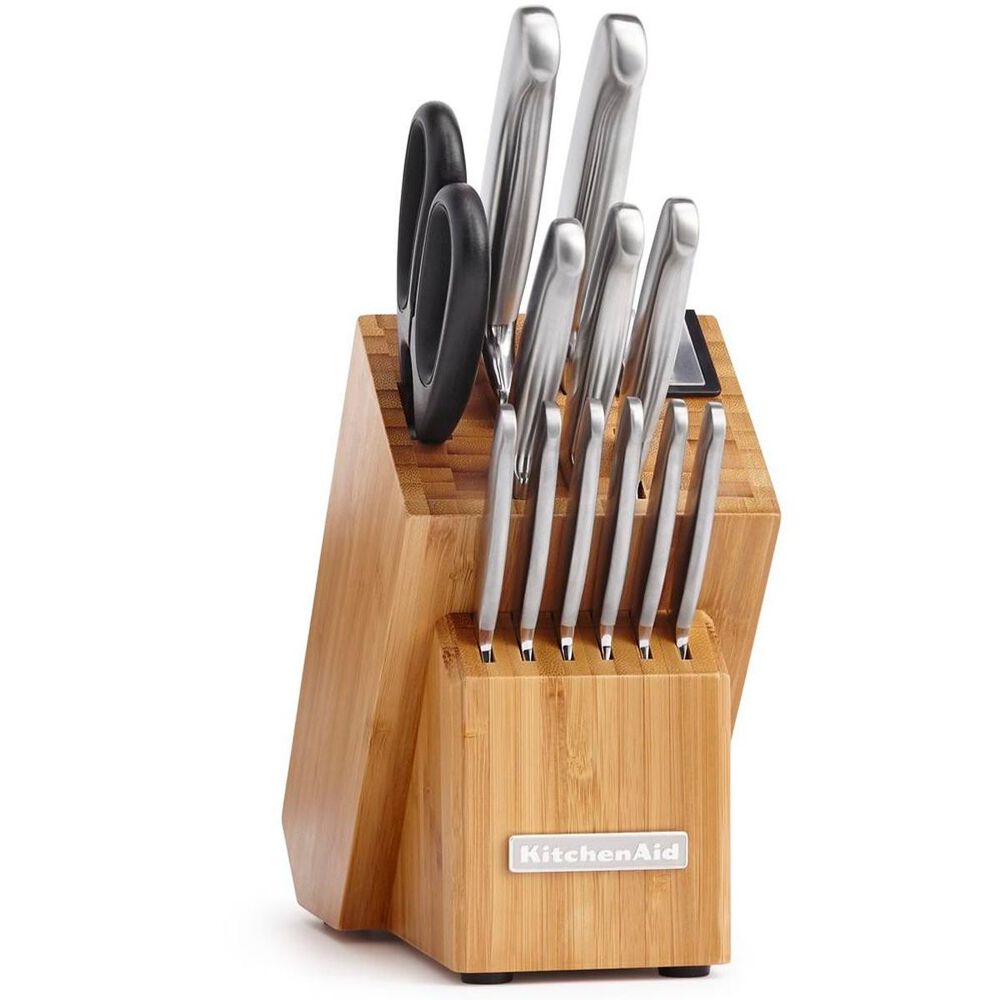 KitchenAid Classic Forged 14-Piece Brushed Stainless Cutlery Set in Bamboo Wood Block , , large