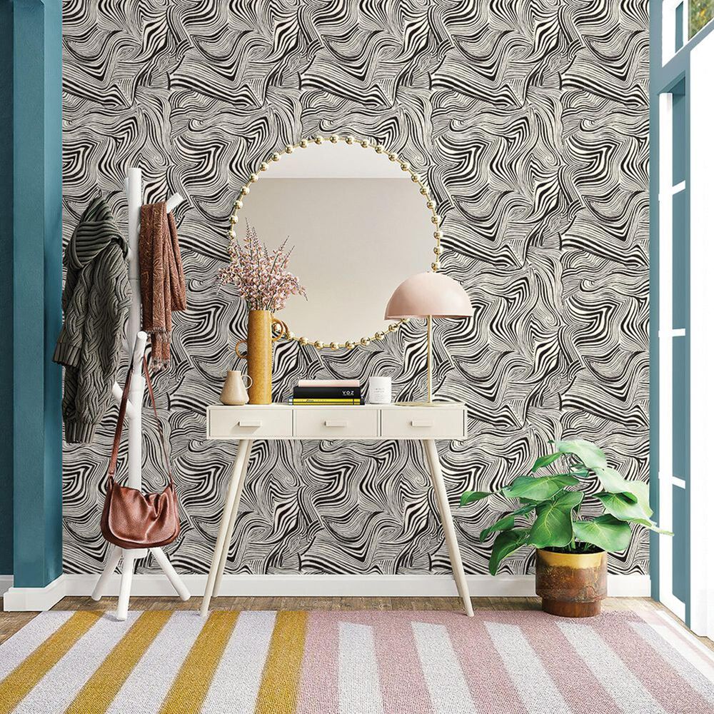 Tempaper Zebra Marble 198&quot; x 20.5&quot; Peel and Stick Wallpaper in Waverly White and Black, , large