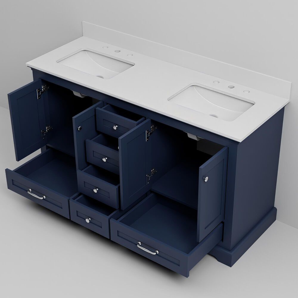 Lexora Home Dukes 60" Double Bathroom Vanity in Navy Blue with 2 cm White Quartz Top and Rectangular Sinks, , large