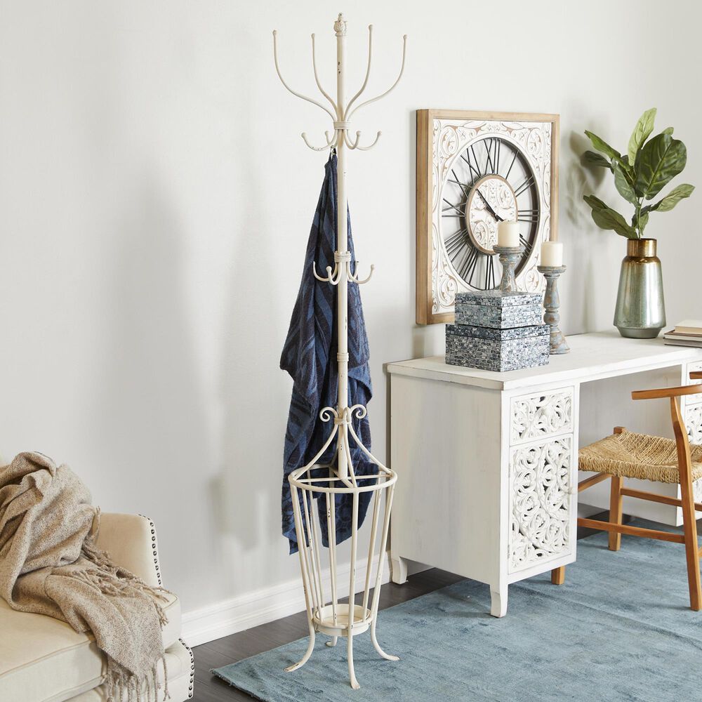 Maple and Jade 12-Hook Freestanding Coat Rack with Umbrella Storage Base in Distressed White, , large