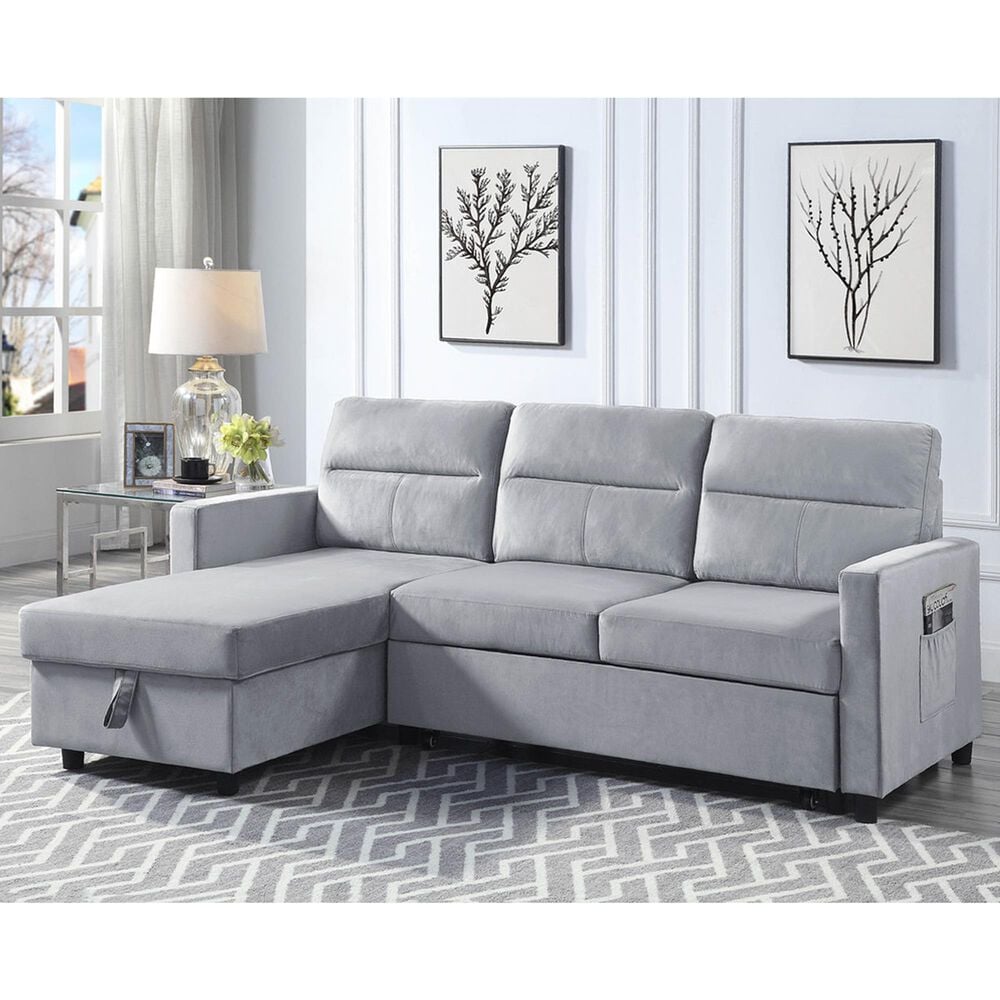 HOMLUX 81.5"W Velvet Reversible Sleeper Sectional Sofa with Storage &amp; Side Pocket, in Light Grey, , large