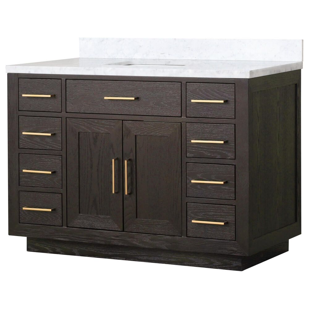 Lexora Home Abbey 48" Single Bathroom Vanity in Brown Oak with 2 cm White Carrara Marble Top and Rectangular Sink, , large