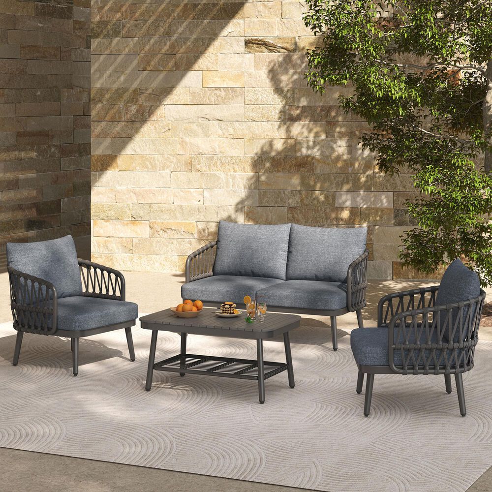 Hearth and Haven 4-Piece Patio Conversation Set with Gray Cushion in Black, , large