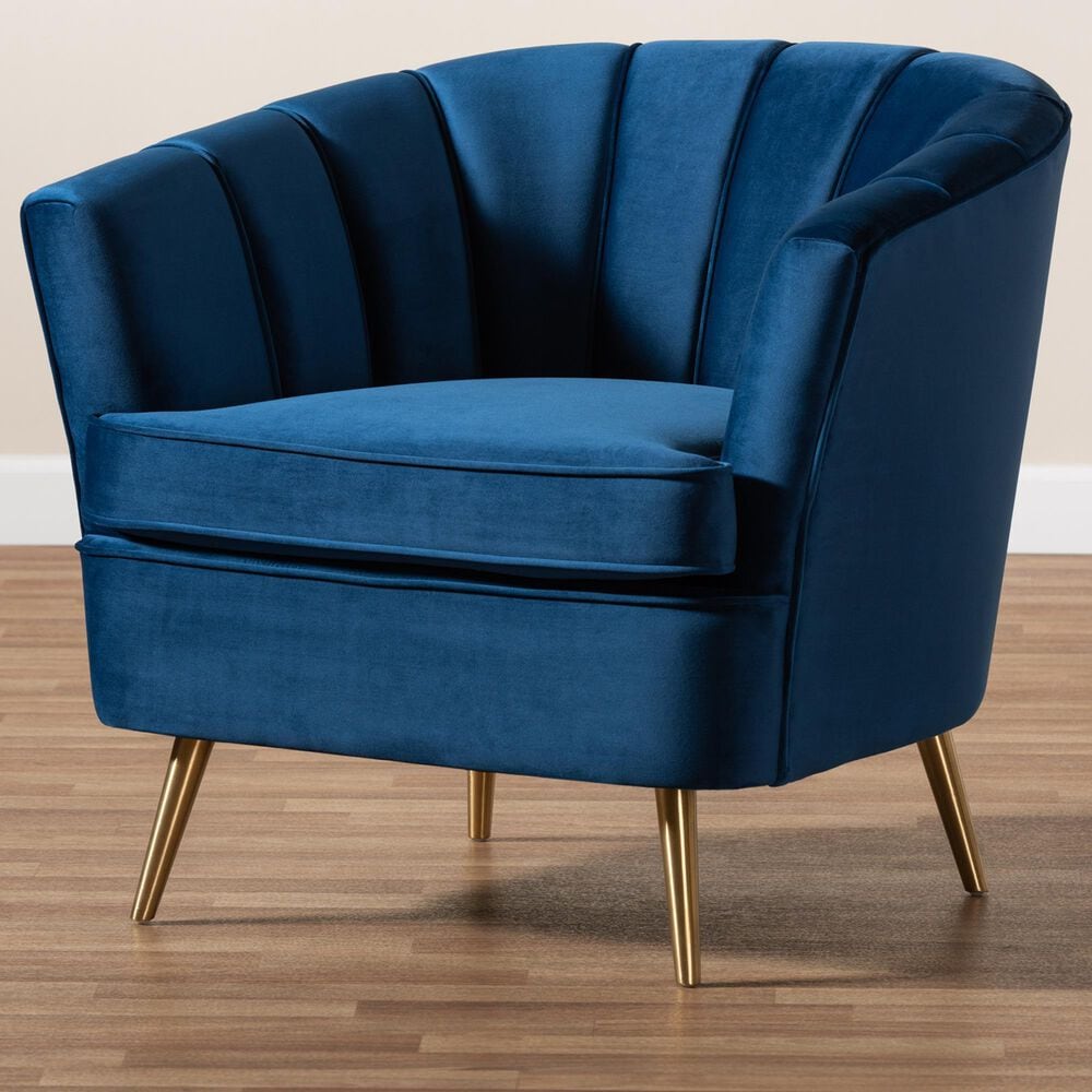 Baxton Studio Emeline Arm Chair with Brushed Gold Frame in Navy Blue, , large