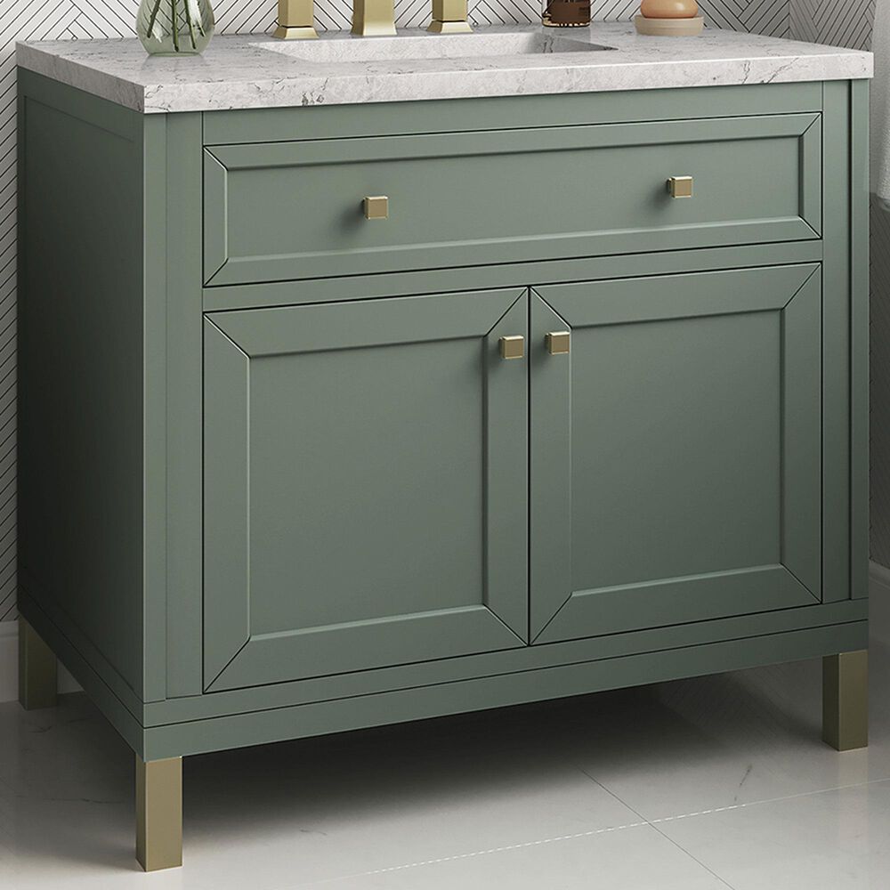 James Martin Vanities Chicago 36&quot; Single Bathroom Vanity in Smokey Celadon with 3 cm Eternal Jasmine Pearl Quartz Top and Rectangular Sink, , large